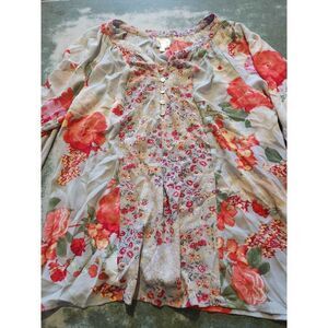 Fig & Flower Spring Floral Peasant Blouse w/ Gathered Hem and Sleeves sz Medium